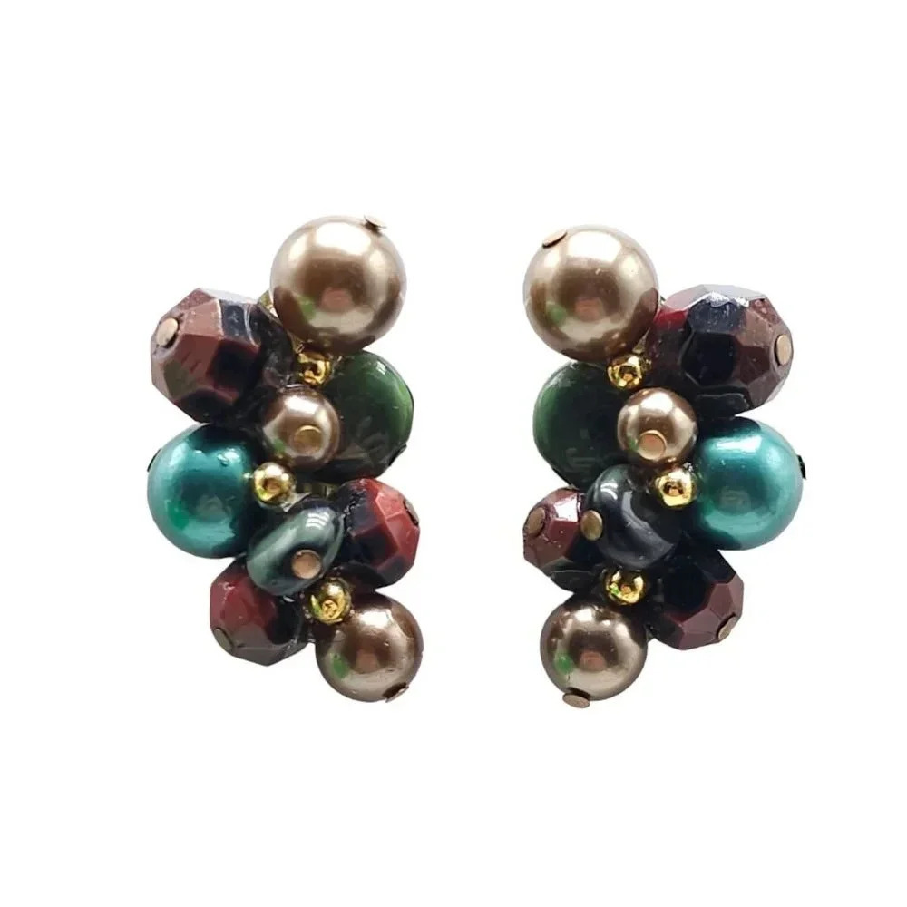 Trifari Brown Green Beaded Cluster Huggie Earrings Gold Tone Vintage